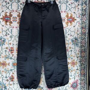 Wide-Leg Black Satin Cargo Pants Madden NYC Women's L Drawstring Hem Elastic Wst
